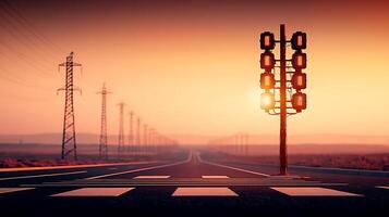 Sunset over a deserted highway with traffic lights and power lines in the background photo