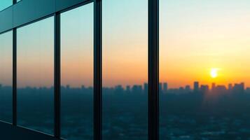 Sunset view from a modern building's glass windows overlooking a city skyline at dusk photo
