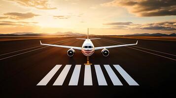 Sunset view of an airplane on the runway, preparing for takeoff against a mountainous backdrop photo