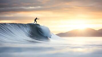 Surfer riding a massive wave at sunset, with mountains in the background and a serene ocean photo