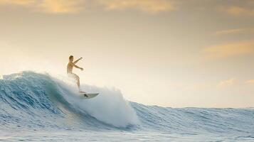 Surfer skillfully riding a wave at sunset, showcasing dynamic motion and ocean beauty photo