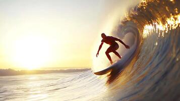 Surfer skillfully riding a wave at sunset, with vibrant colors and ocean backdrop photo