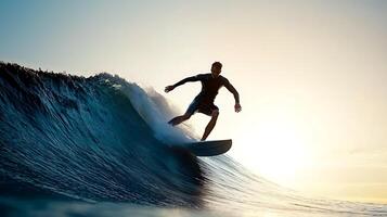 Surfer Riding a Wave at Sunset with a Calm Ocean Background and Soft Light Effects photo