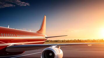 Sunset view of an airplane wing on the runway with a vibrant sky and landscape in the background photo
