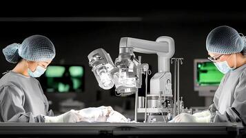 Surgeons performing a robotic-assisted surgery in a modern operating room with advanced technology photo