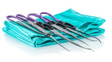 Surgical instruments arranged neatly on a teal surgical drape, ready for a medical procedure photo