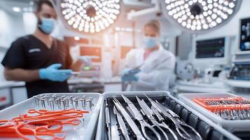 Surgeons preparing surgical tools in a modern operating room with bright lights and equipment photo