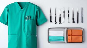 Surgical tools and scrubs neatly arranged on a clean surface, showcasing preparation for a medical procedure photo
