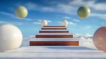 Surreal staircase ascending through clouds with floating spheres, evoking a dreamlike atmosphere photo
