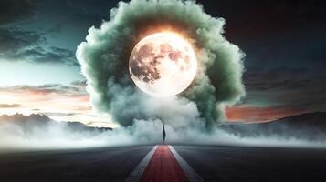 Surreal landscape showcasing a lone figure on a road with a giant moon and colorful clouds photo