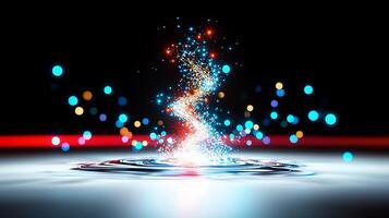 Swirling colorful particles rise from a reflective surface, creating a mesmerizing light display photo