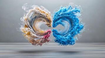 Swirling colors of gold and blue merge in an abstract display of dynamic fluid motion photo