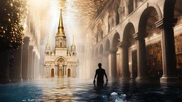 Surreal underwater cathedral scene with a silhouetted figure exploring a flooded space photo