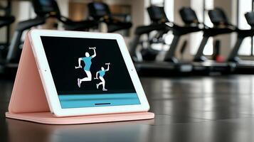 Tablet displaying fitness animation in a gym with treadmills in the background photo