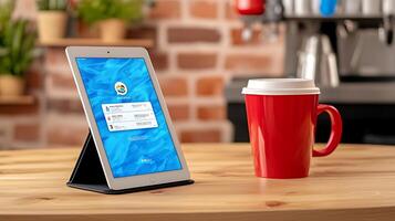 Tablet displaying login screen on a wooden table beside a red coffee cup in a cozy caf photo