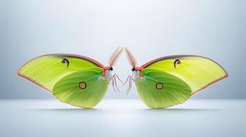 Symmetrical butterflies with vibrant green wings facing each other against a soft gradient background photo