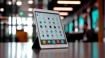 Tablet on a sleek table in a modern workspace with blurred people and digital screens in background photo