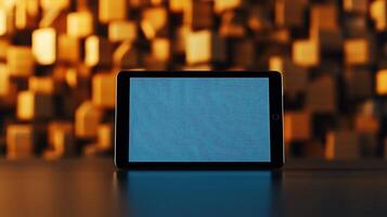 Tablet displaying a textured screen against a backdrop of wooden blocks in warm lighting photo