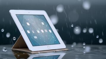 Tablet on a table with raindrops, showcasing a modern tech setup in a rainy environment photo