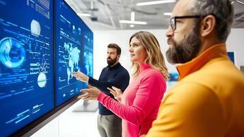 Team collaborating in a modern office, analyzing data on large screens with technology in background photo
