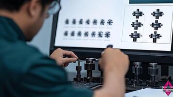Technician analyzing precision components on a computer screen in a modern workshop setting photo