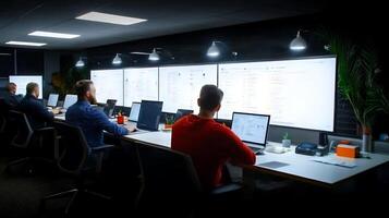 Team of professionals collaborating in a modern office with multiple screens displaying data photo