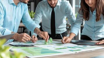 Team of professionals collaborating on a project with charts and graphs in a modern office setting photo