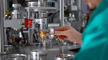 Technician assembling precision equipment in a high-tech laboratory with machinery in background photo