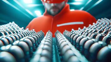 Technician in red uniform inspecting rows of metallic components in a high-tech facility photo