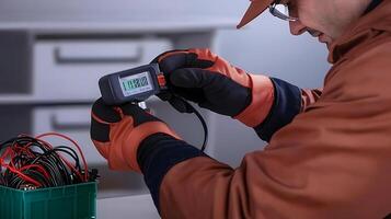 Technician measuring electrical parameters with a multimeter in a workshop setting photo