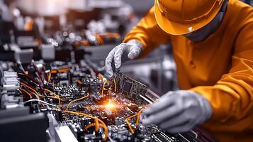 Technician repairing intricate circuit board with bright sparks in a busy workshop photo
