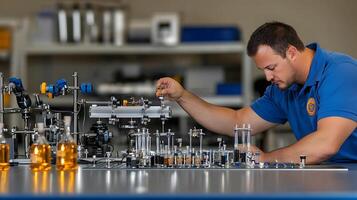 Technician meticulously assembling precision instruments in a modern laboratory setting photo