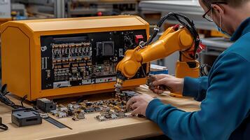 Technician operating robotic arm to assemble electronic components in a modern workshop photo