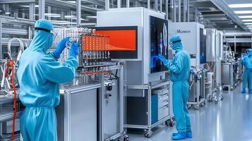 Technicians in Blue Protective Gear Operating Advanced Machinery in a Modern Laboratory Setting photo