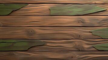 Textured wooden background with green leaves, ideal for nature-themed designs and crafts photo