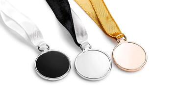 Three blank medals in silver, gold, and bronze hanging from colorful ribbons on a clean background photo