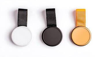 Three blank medals in different colors displayed on a white background for award design purposes photo