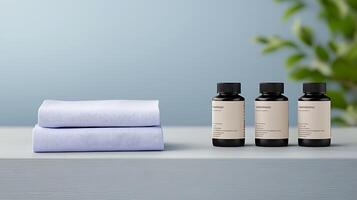 Three black bottles with labels placed next to folded lavender towels on a light wooden table photo