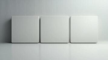 Three blank square panels on a minimalist background with soft lighting and shadows photo