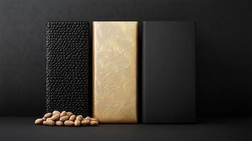 Three chocolate bars with unique textures displayed on a dark background with scattered nuts photo