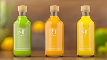 Three colorful juice bottles displayed on a wooden table with blurred fruit in the background photo