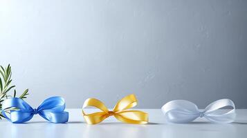 Three decorative bows in blue, yellow, and white arranged on a smooth surface with greenery photo