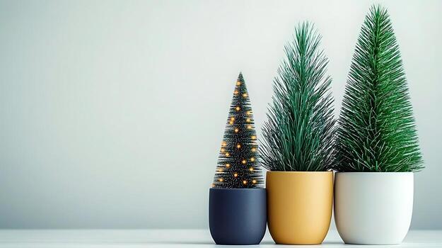 Three decorative artificial Christmas trees in pots, arranged on a minimalistic table setting photo