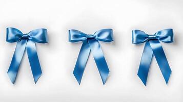 Three elegant blue satin bows arranged symmetrically on a soft white background for decorative use photo