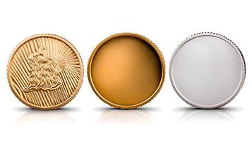 Three distinct coin designs showcasing a golden coin with a lion, a blank gold coin, and a silver coin photo