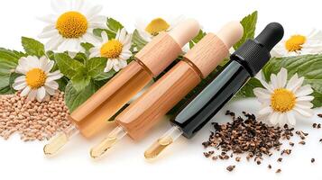 Three elegant dropper bottles filled with natural oils, surrounded by chamomile and mint leaves, showcasing organic beauty photo