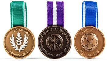 Three distinct medals showcasing unique designs, colors, and symbolic representations of achievement photo