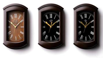 Three elegant wall clocks showcasing different styles and colors against a white background photo