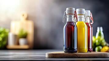 Three glass bottles filled with colorful sauces arranged on a wooden board in a kitchen setting photo
