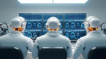 Three humanoid robots monitoring medical scans on multiple screens in a futuristic lab setting photo